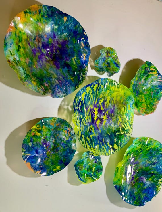 Colorful Home decor Wall Flower mural 7 green/blue/coral/purple handmade up-cycled plastic looks like glass/large wall accent