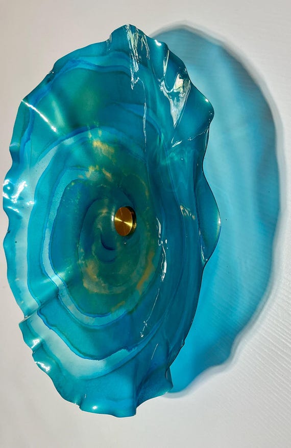 Extra Large up cycled polymer Wall Flower Art dark teal & gold –Glass-Like Finish