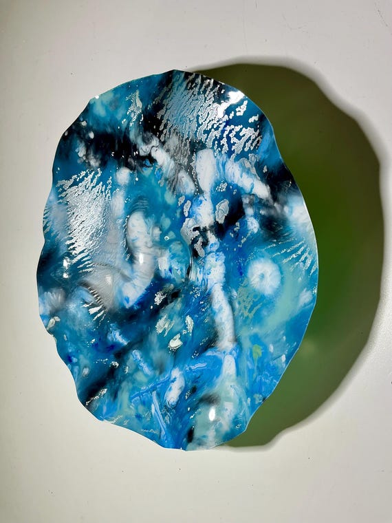 One-of-a-Kind 9” Wall Mount | Eco-Friendly Polymer Art | Stylish Bedroom Decor in glassy blue, silver and black