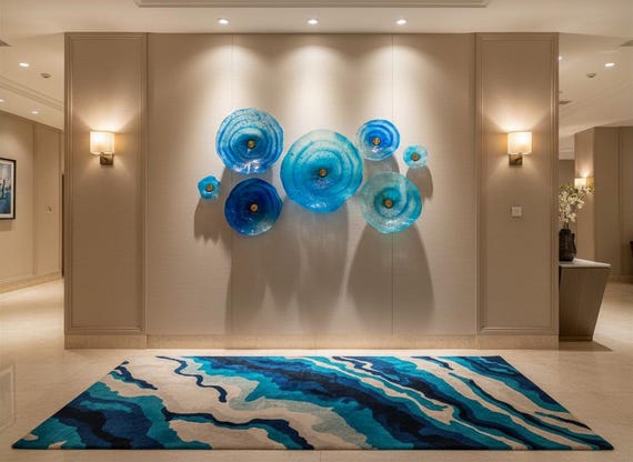 Set of 7 Handmade - Upcycled polymer - Gold & Ocean Blue Wall Flowers - Unique Glass Look Home Decor