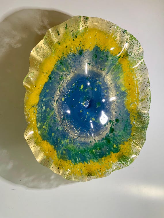 Handmade XX Large Gold Wall Flower: Saffron Yellow, Periwinkle, Green Recycled PET Art- looks like glass