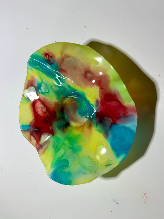 Colorful Handmade-sunshine yellow/blue/red wall hanging kitchen home decor/poolside recycled plastic extra small 5” looks like glass