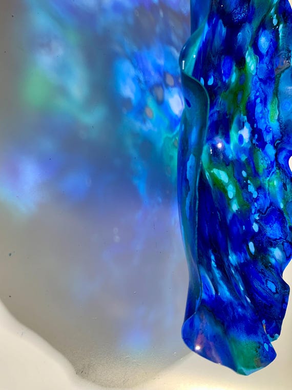 Extra large wall hanging - beach art living room decor/handmade up-cycled polymer 19” sea blue green - looks like glass