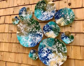 Wall Flower designer platter 9 green/aqua/blue/gold/white up-cycled plastic looks like glass/large wall mural/indoor/outdoor home decor art