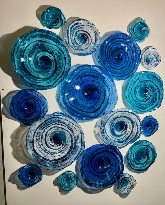 Made to order Wall flower 17 Aqua marine/blue/navy/white handmade up-cycled plastic/boho beach home decor - looks like glass