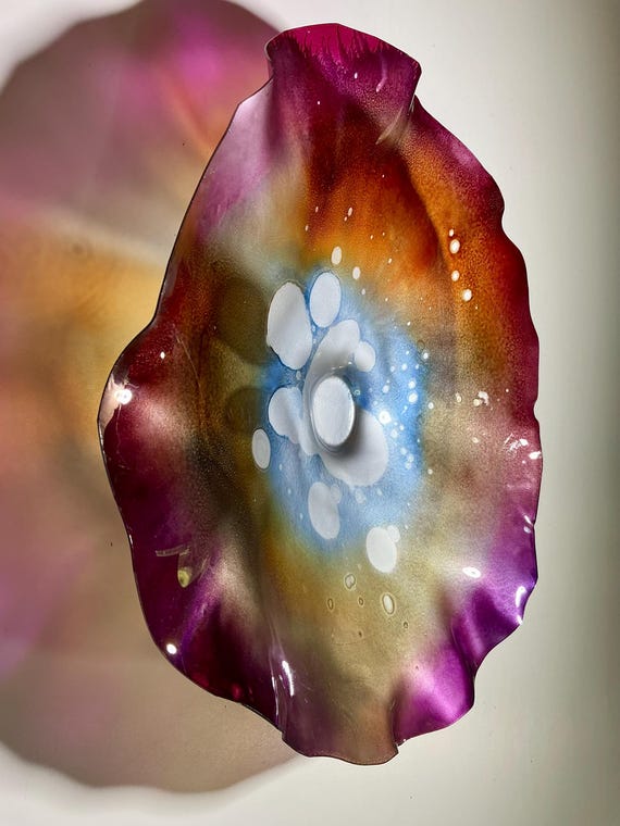 Unique Recycled Water Bottle Wall Decor 12”- Handmade USA in Burgundy, Saffron Yellow, Blue & Silver/looks like glass