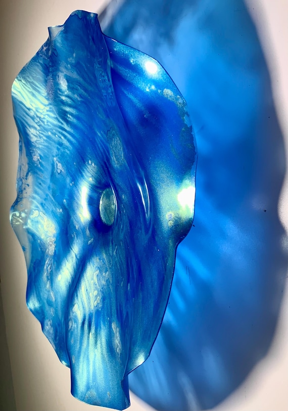 Recycled water bottle wall flower accent 12" blue & gold handmade eco art- boho beach home decor - patio art - looks like glass