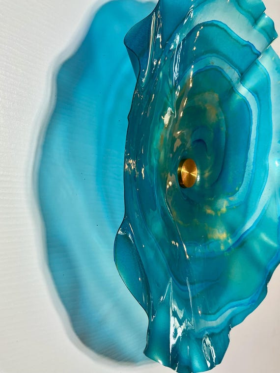 Extra Large up cycled polymer Wall Flower Art dark teal & gold –Glass-Like Finish