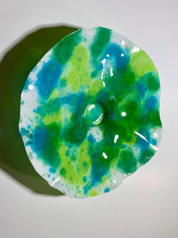 Small wall flower CoralREEFlection 9” handmade up cycled plastic/white/aqua/yellow/green/home decor/looks like glass/living room wall art