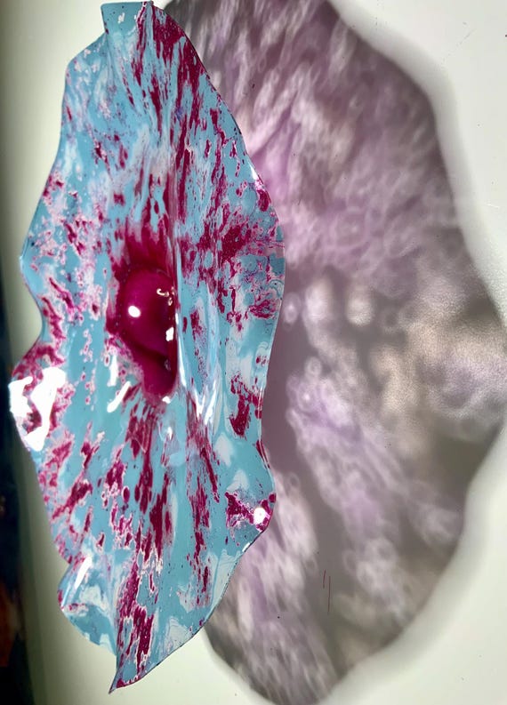 Recycled Plastic Wall Flower: sea foam blue & burgundy handmade Boho Decor by Todd Lynd/looks like glass