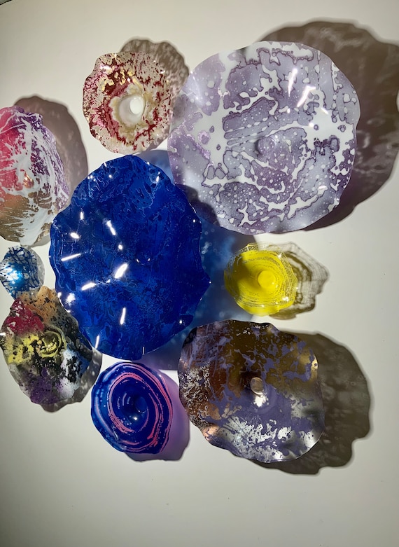 Multi-Color original wall platter mural 9 handmade up cycled plastic/looks like glass/indoor outdoor/home decor whimsy gift art/artist picks