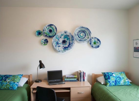 Blue, white & green  wall flower set of handmade/eco-friendly plastic looks like glass