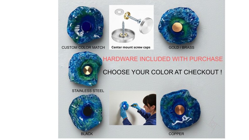 May include: Cabinet knobs in blue and green with gold, brass, stainless steel, and copper details. The knobs have an irregular, organic shape. The image includes text that reads "Custom Color Match" and "Choose Your Color at Checkout!"