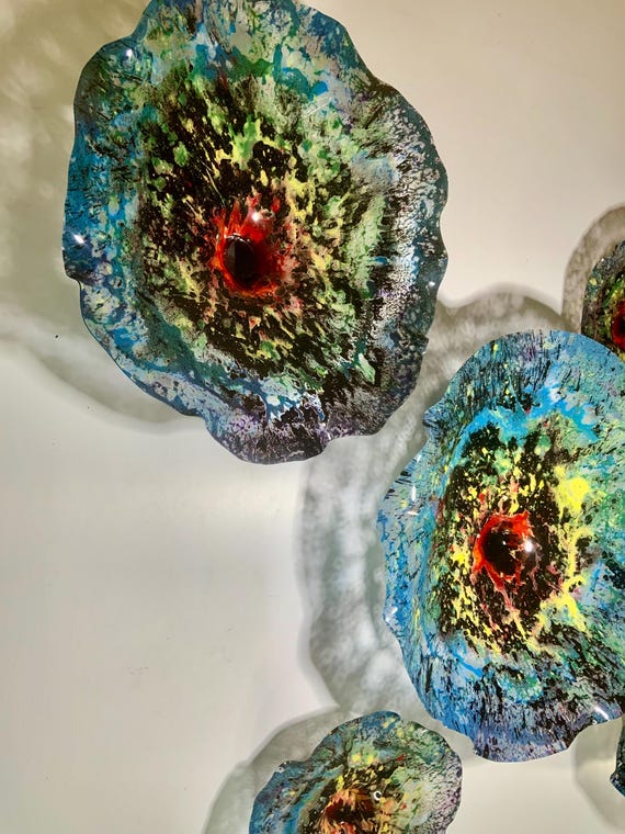 Recycled Plastic Wall Flower Sculpture set of 5: Colorful Boho Home Decor- glass like look