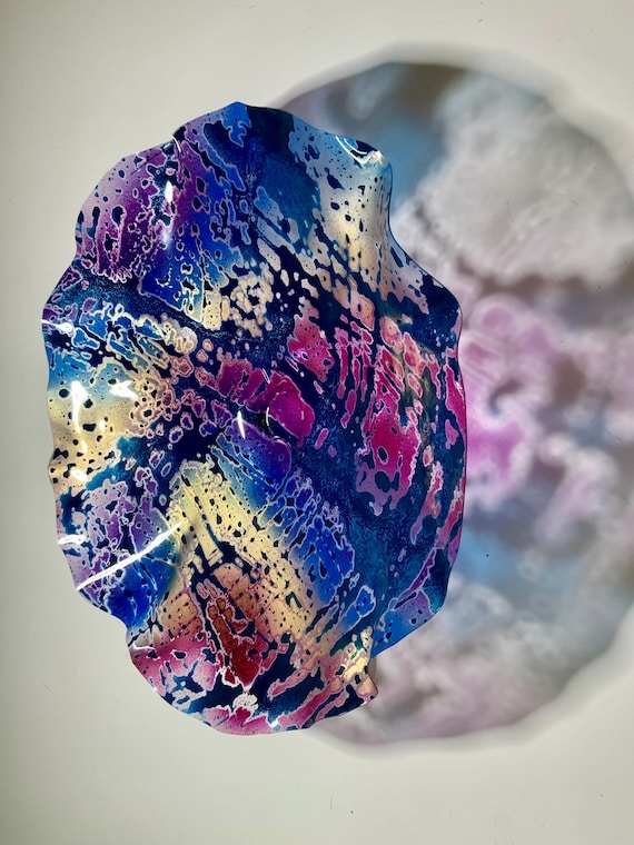 One of a kind cool wall sculpture plate 15” handmade upcycled plastic gold/blue/purple/burgundy colorful home wall decor/looks like glass