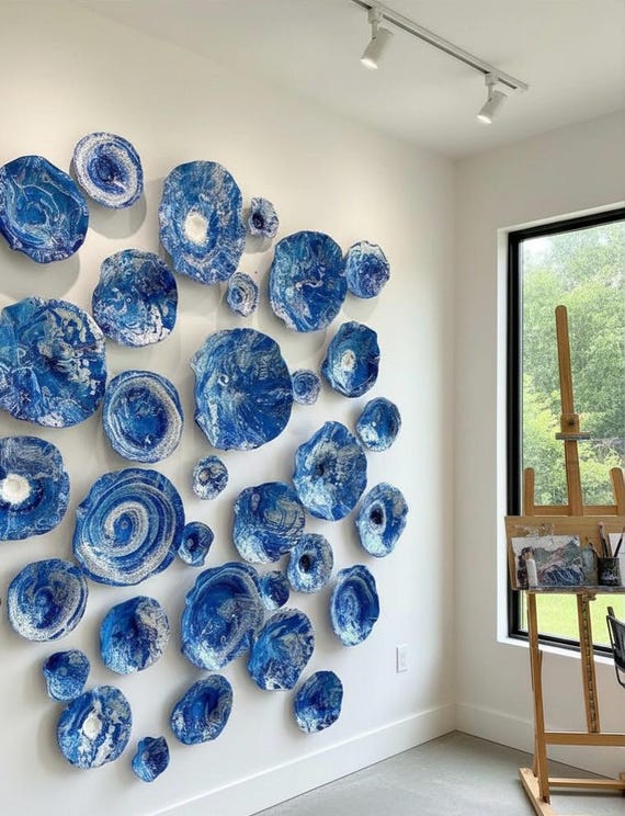 Made to order huge wall flower mural Ocean navy blue & white 34 handmade - beach home decor eco-friendly plastic looks like glass