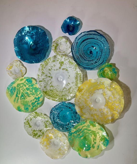 Handmade Large Wallflower Mural Set of 13 - Colorful Recycled Plastic Decor for Living Room Walls —looks like glass