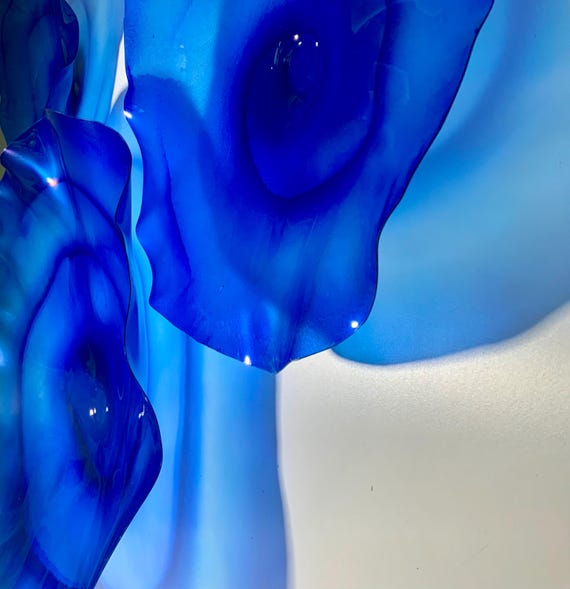 Handmade Sapphire Blue Wall Flower Sculpture – Recycled polymer, Glass-Look Art, Boho Decor