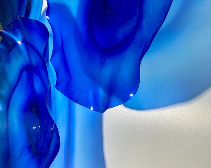 Featured listing image: Wall Flower sculpture sapphire blue recycled plastic looks like glass/wall mount/indoor outdoor/boho home wall decor You pick size/quantity