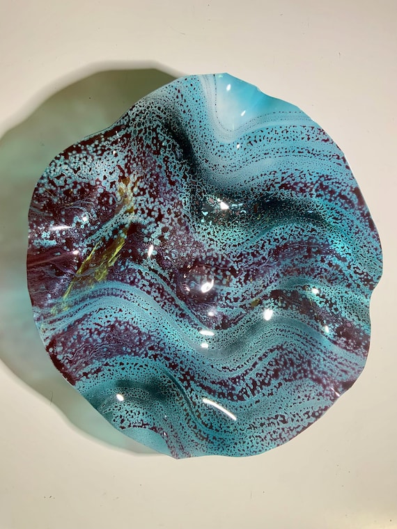 Handmade wall flower large 15” aqua, maroon & black repurposed plastic - beach home decor/looks like glass