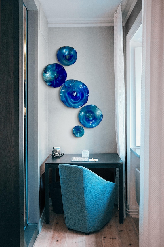 Coastal Decor Set: 5 One-of-a-Kind Ocean Blue & Silver Flower Sculptures - Handmade from Recycled Plastic-resembles glass