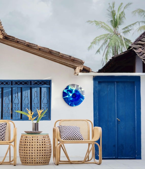 Ocean Arts wall hanging living room decor/handmade recycled plastic 15” aqua/silver/navy blue/black/white looks like glass/outdoor patio art