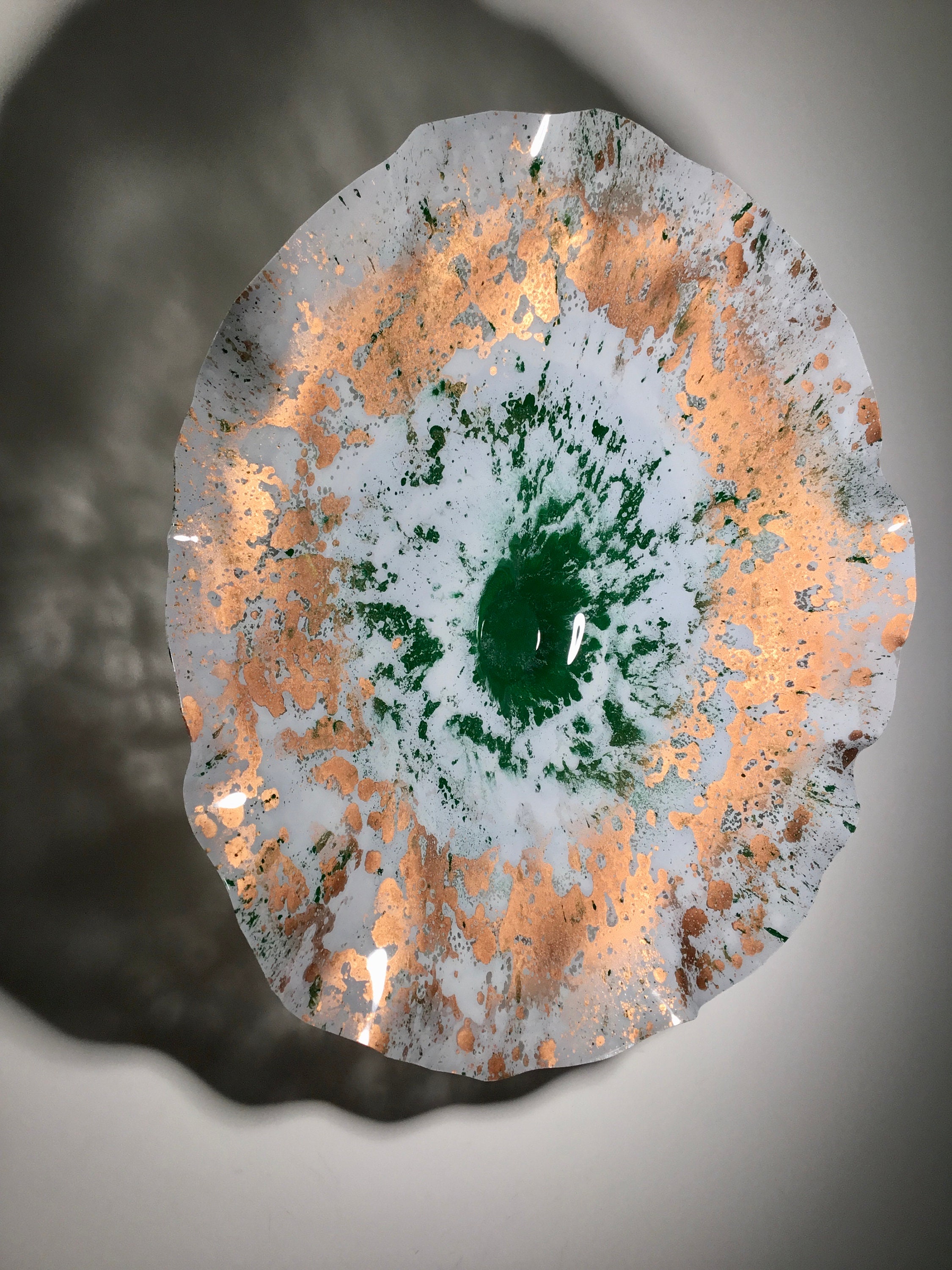 Wall Flower sculpture mural 15” gray/copper/green handmade ecofriendly plastic/outdoor wall art