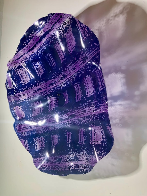Recycled polymer art navy blue & eggplant purple boho - home decor extra large 19” looks like glass- colorful home art wall hanging