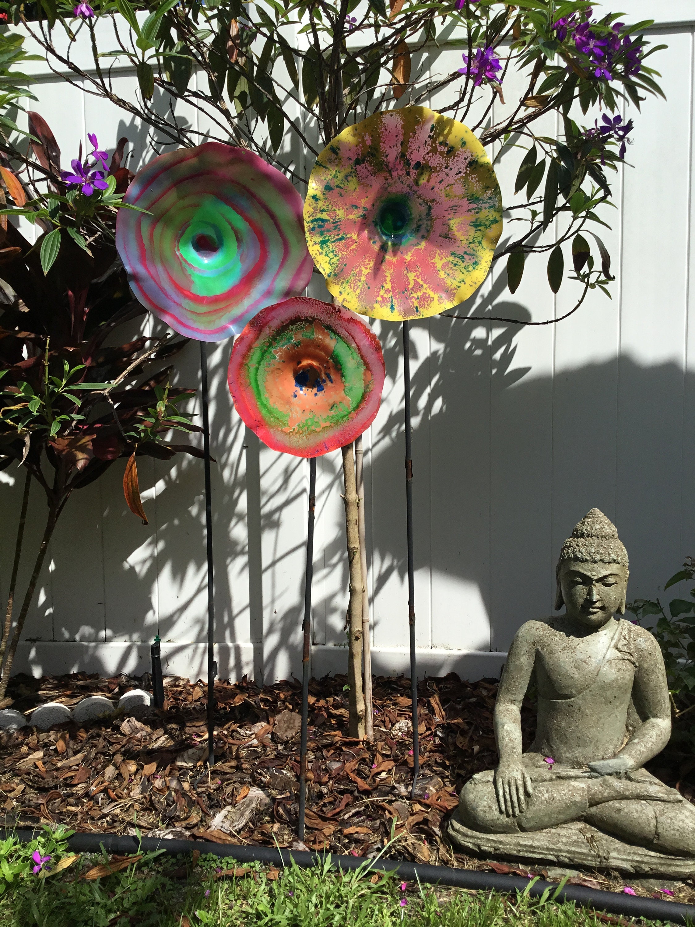 Medium sculpture 13” yellow/green/pink wall plate/handmade recycled