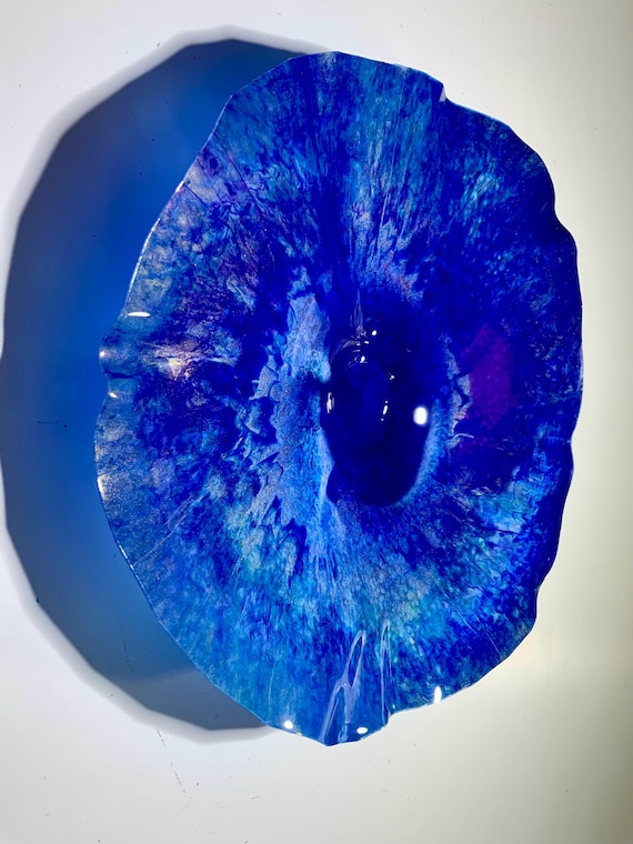 One of a kind Small Wall Flower 9” handmade eco friendly plastic/cobalt blue/purple/gold home decor/looks like glass/wall sculpture