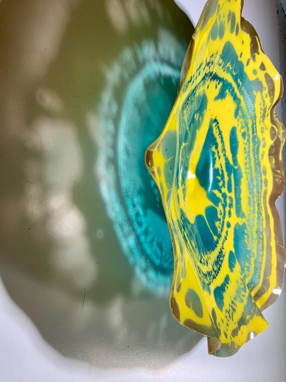 CoralREEFlection wall flower platter large 15” tan/metallic teal/yellow recycled plastic/cool home decor/looks like glass/mindful living art
