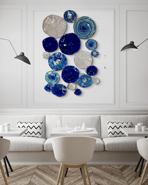 Coastal wall decor set 19 blue, white, silver & turquoise handmade beach home decor handmade from eco-friendly plastic looks like glass