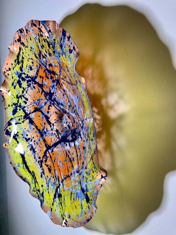 CoralREEFlection Unique Wall Flower 15” handmade eco-friendly plastic copper/yellow/orange/blue outdoor art/looks like glass/boho home decor