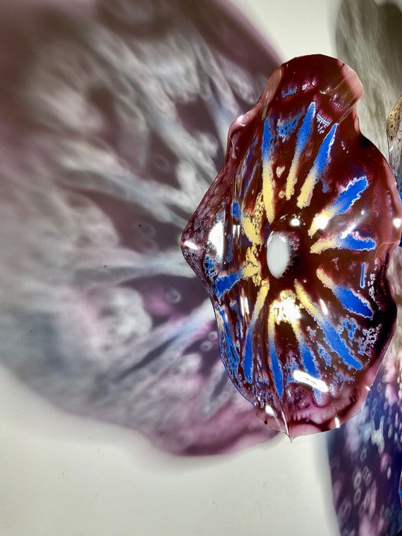 Maroon/gold/royal blue/white large flower art 7 up cycled plastic looks like glass/indoor outdoor/home wall decor dish art/window hanging