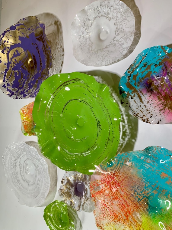 Large Wall Flower mural 9 colorful artist choice handmade up-cycled plastic looks like glass/wall accent - home decor art