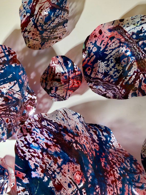 Upcycled Plastic Wall Flower Art: Burgundy, Silver, Blue Home Decor/handmade living room decor