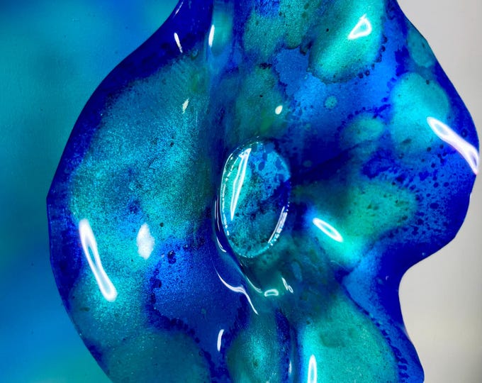 Featured listing image: Original handmade recycled plastic wall flower hanging extra small 5” metallic blue/green looks like glass/outdoor poolside/unique home art