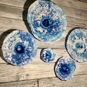 Aqua/navy blue/white oceanic flower home wall art recycled plastic looks like glass/indoor outdoor boho home decor/You pick size/quantity