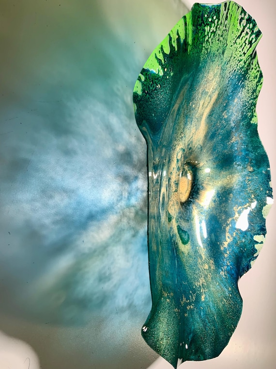 One of a kind Wall flower home wall decor 13” green/gold/teal handmade eco-friendly plastic/looks like glass/gift wall art