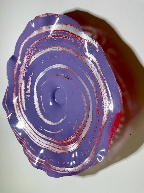 Original round colorful wall art medium 12” purple/silver/red handmade/recycled plastic/boho home decor/looks like glass