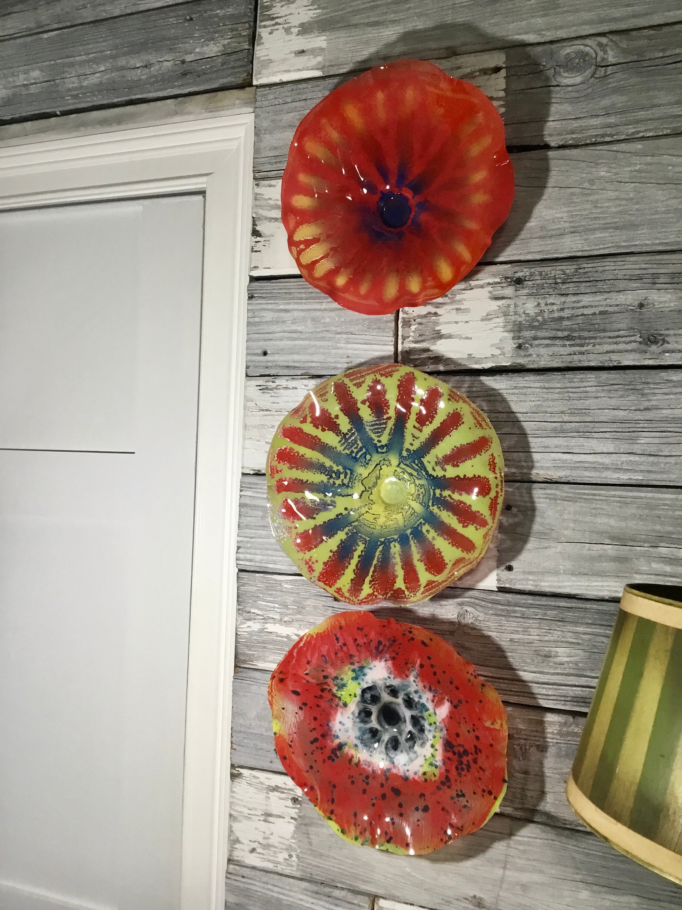 Medium Wall flower 13” coral red/blue/yellowgold handmade eco friendly
