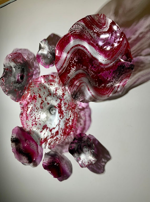 Original Wall Flower sculpture 7 burgundy, silver & black handmade up-cycled polymer/looks like glass - decorative home decor