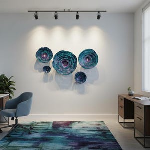 May include: A set of five circular wall sculptures featuring concentric rings in shades of teal, blue, and purple with a textured finish. The pieces are arranged in a cluster on a white wall above a desk and a blue and purple abstract area rug.