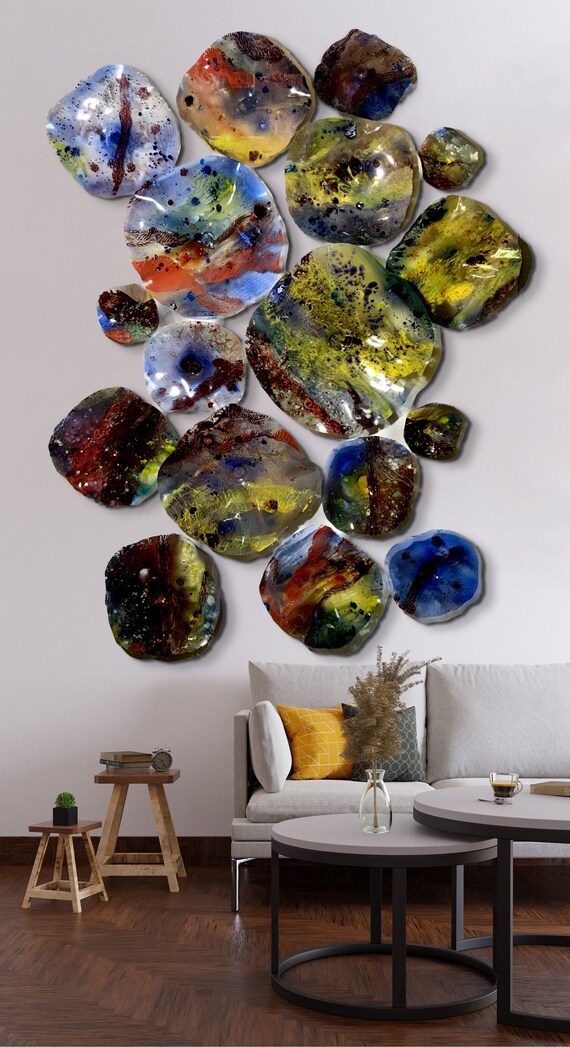 Home decor Wall flower mural 17 coral/blue/burgundy/yellow/purple/brown/white/green handmade recycled plastic/wall plate/looks like glass