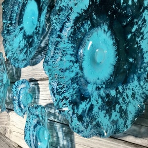 Aqua/teal blue flowers wall art sculpture handmade recycled plastic looks like glass/indoor outdoor boho home decor/You pick size/quantity image 8
