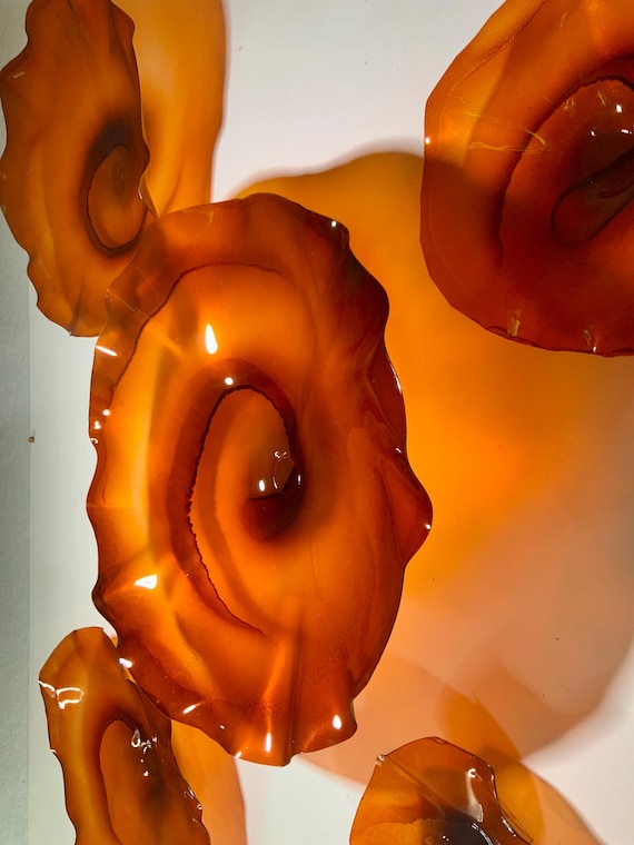 Recycled plastic Wall flower; amber; burnt orange/handmade looks like glass/home wall hanging decor:You pick size/quantity
