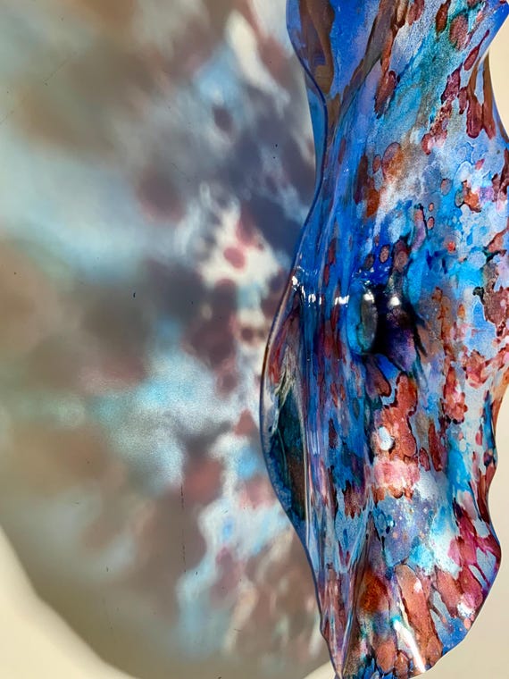 Original CoralREEFlection Medium Wall flower art wall decor 13” blue/brown/terra-cotta/silver handmade eco friendly plastic/looks like glass