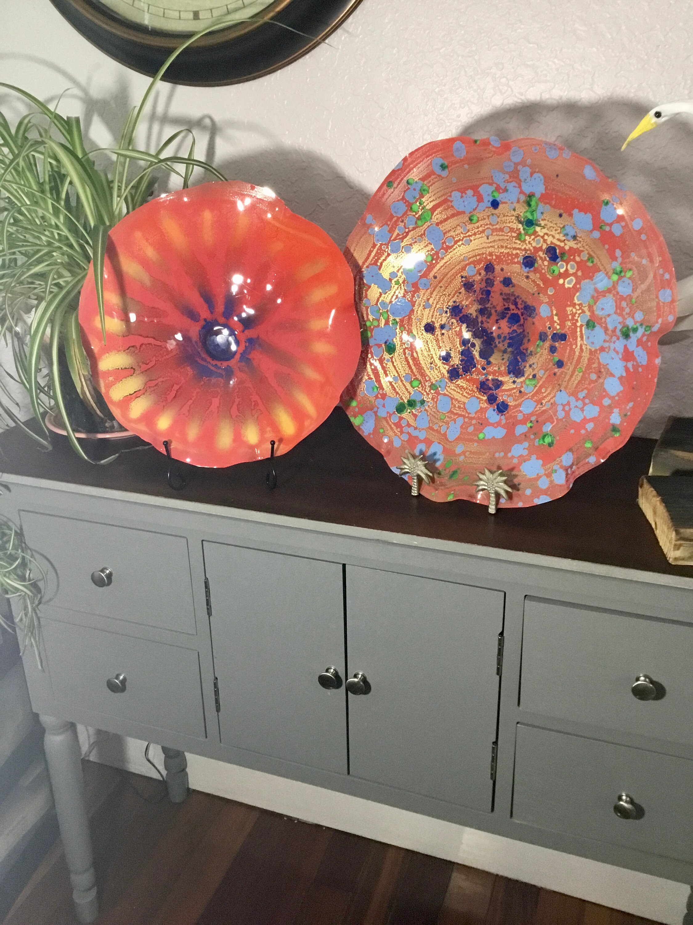 Medium Wall flower 13” coral red/blue/yellowgold handmade eco friendly