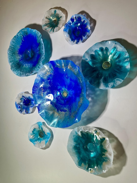 Exclusive Sea Glass Series: Large Wall Mural Set of 9 Handmade Recycled Plastic Decor-sea blue, aqua, white & gold