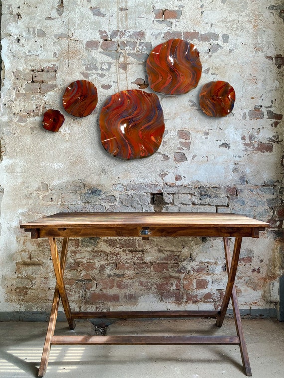 Coralreeflections recycled plastic wall decor set 5 handmade/terracotta/orange/blue home decor platter art/looks like glass